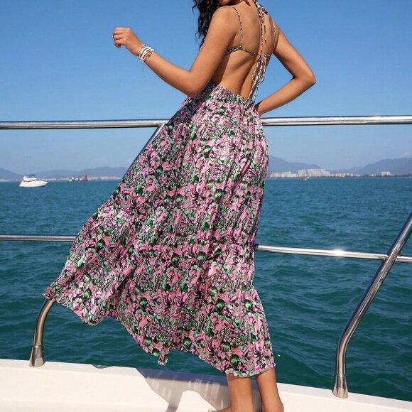 Boho Women's Plant Pattern Print Backless Spaghetti Strap Dress - Picture 3 of 6